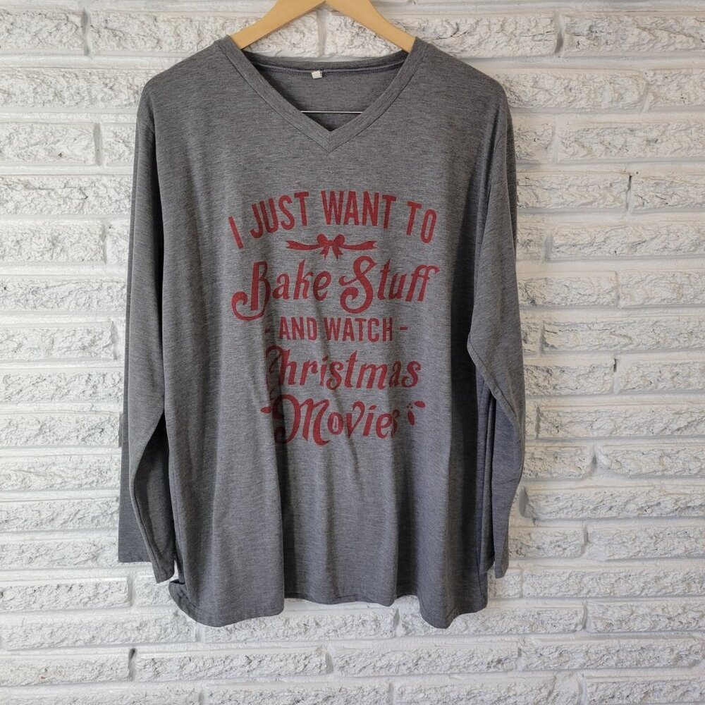 Christmas Women's 3XL Gray Long Sleeve T-Shirt 100% Cotton Holiday NOV65XE